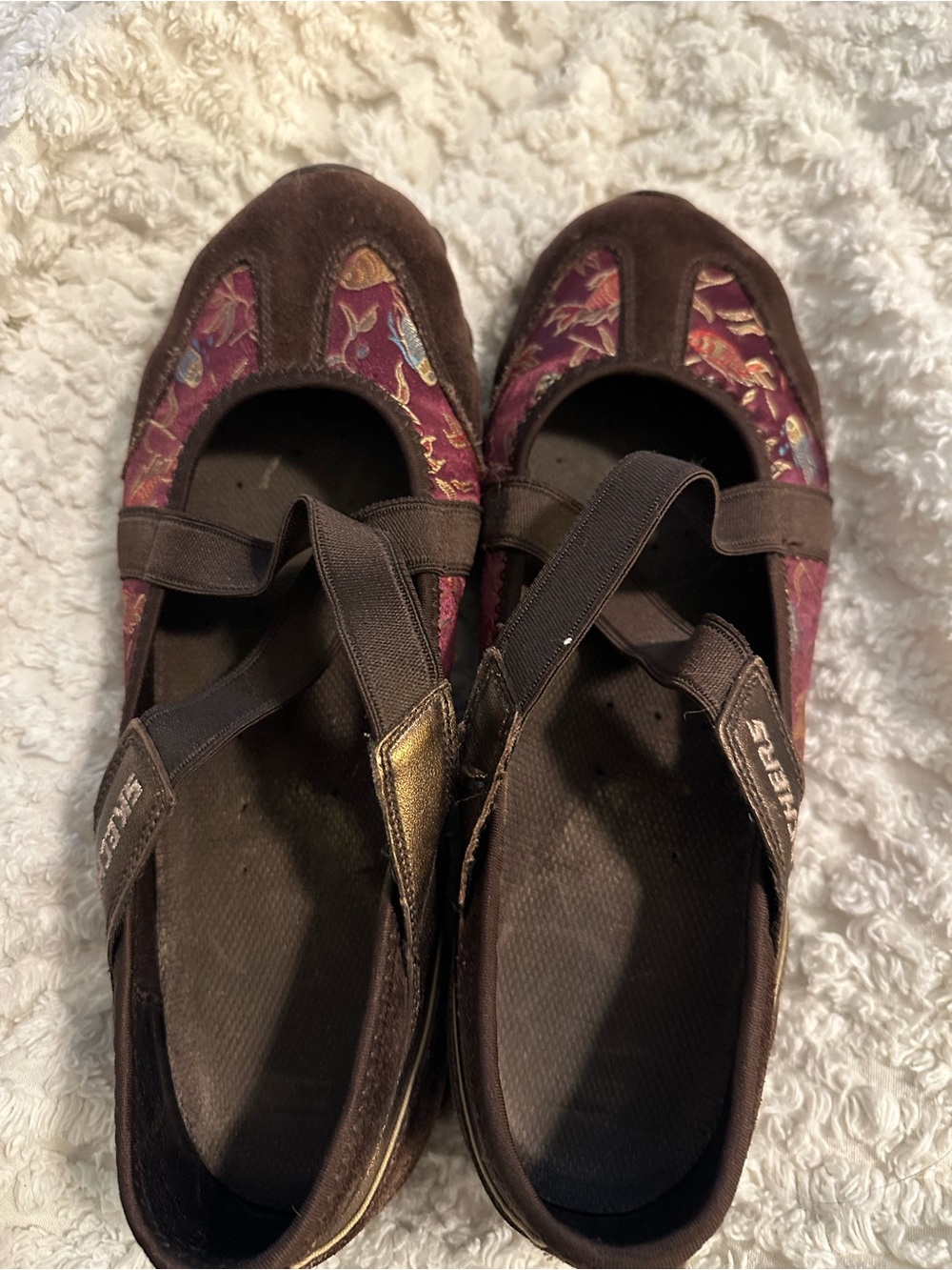 Skechers Brown Ballet Flats with Burgundy Floral/Koi fish Panels